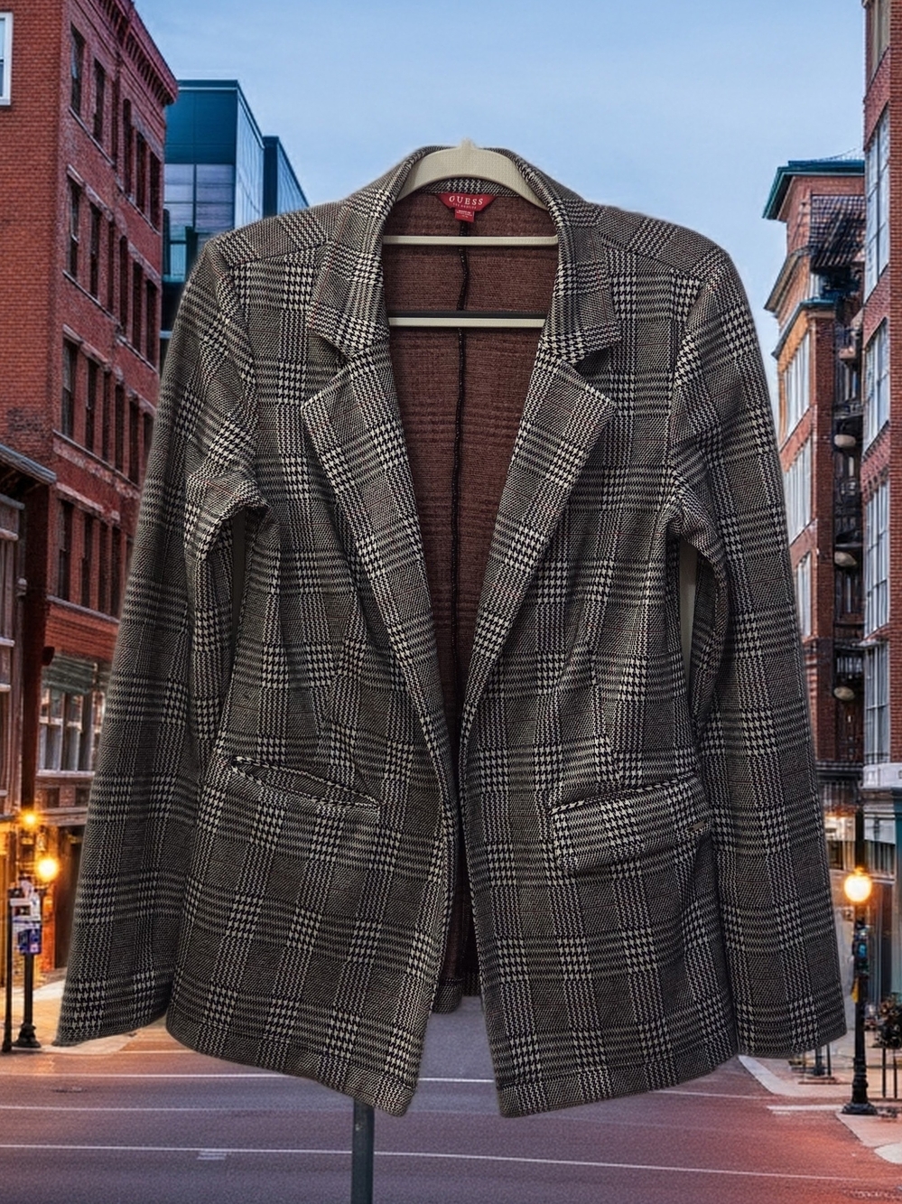 Guess Glen Plaid Blazer in Brown and Black